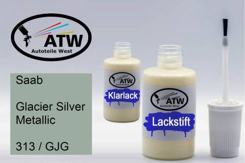 Saab, Glacier Silver Metallic, 313 / GJG: 20ml Lackstift + 20ml Klarlack - Set, von ATW Autoteile West.